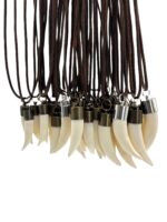 Genuine crocodile tooth necklace hanging from round leather cord